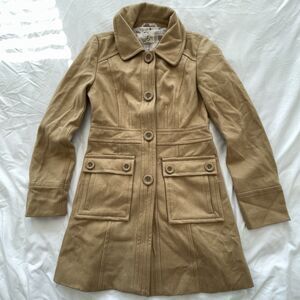 Tulle Wool Blend Coat Camel Tan Button Front Lined Jacket Pockets Womens Small S